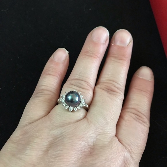 Tahitian Pearl White Sapphire Ring 925 Sterling - Picture 6 of 7